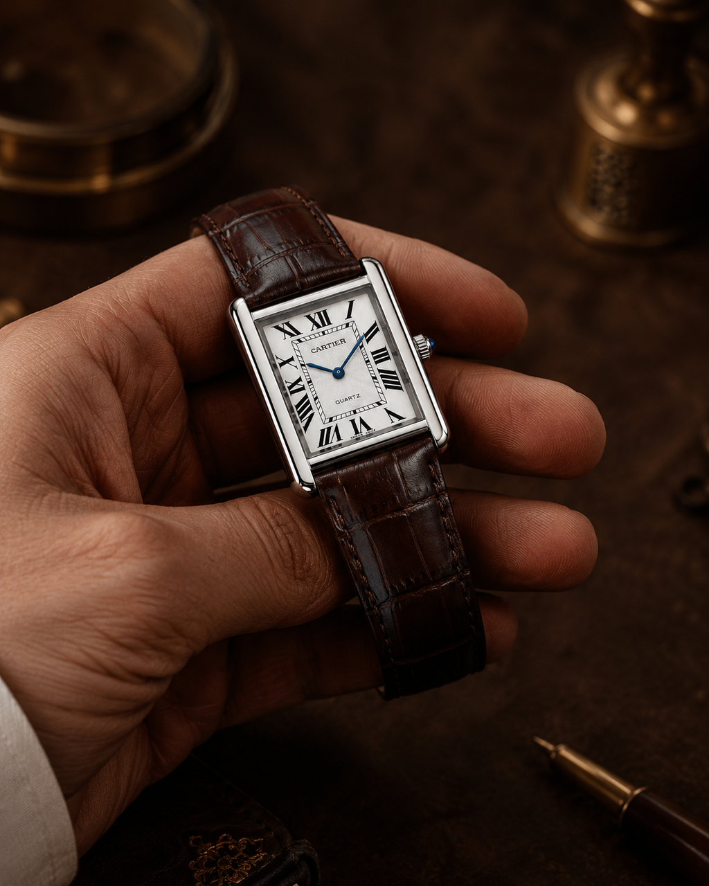 Cartier Tank Rectangular Men's Watch – Brown Strap